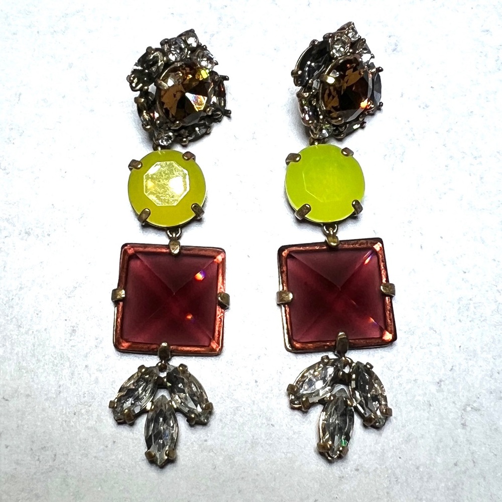 VTG J Crew chartreuse, ruby tone and bronze crystal earrings